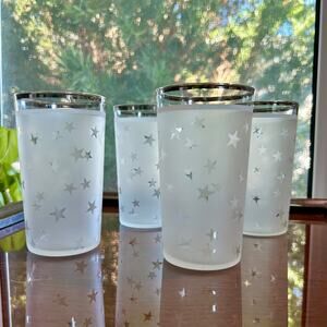 Set of 4 Vintage Frosted Glass Tumblers Atomic Star Pattern Silver Rim